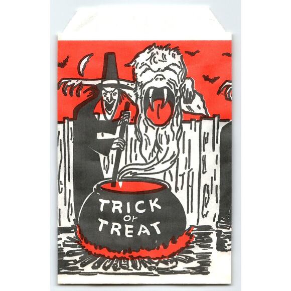 Halloween Vintage Trick Or Treat Goodie Bag Demon Goblin Witch Cauldron Bat Moon - Picture 1 of 2